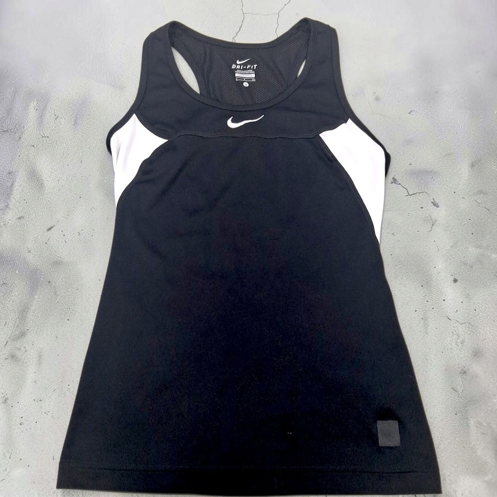 Nike Dri-Fit Athletic Tank Top Black White Swoosh Racerback Small Women Workout